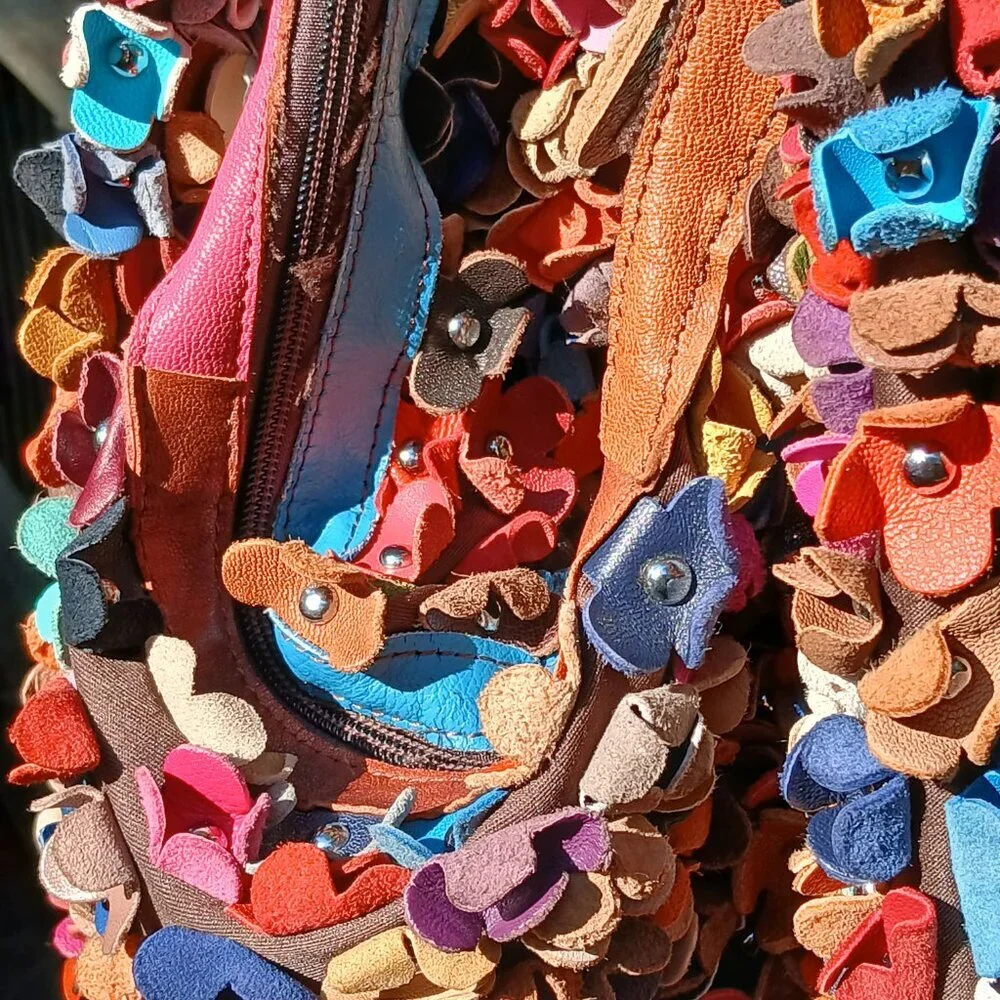 Vintage 3D Leather Flowers Hobo Bag * Super Roomy ~ Autumn Color Pop!